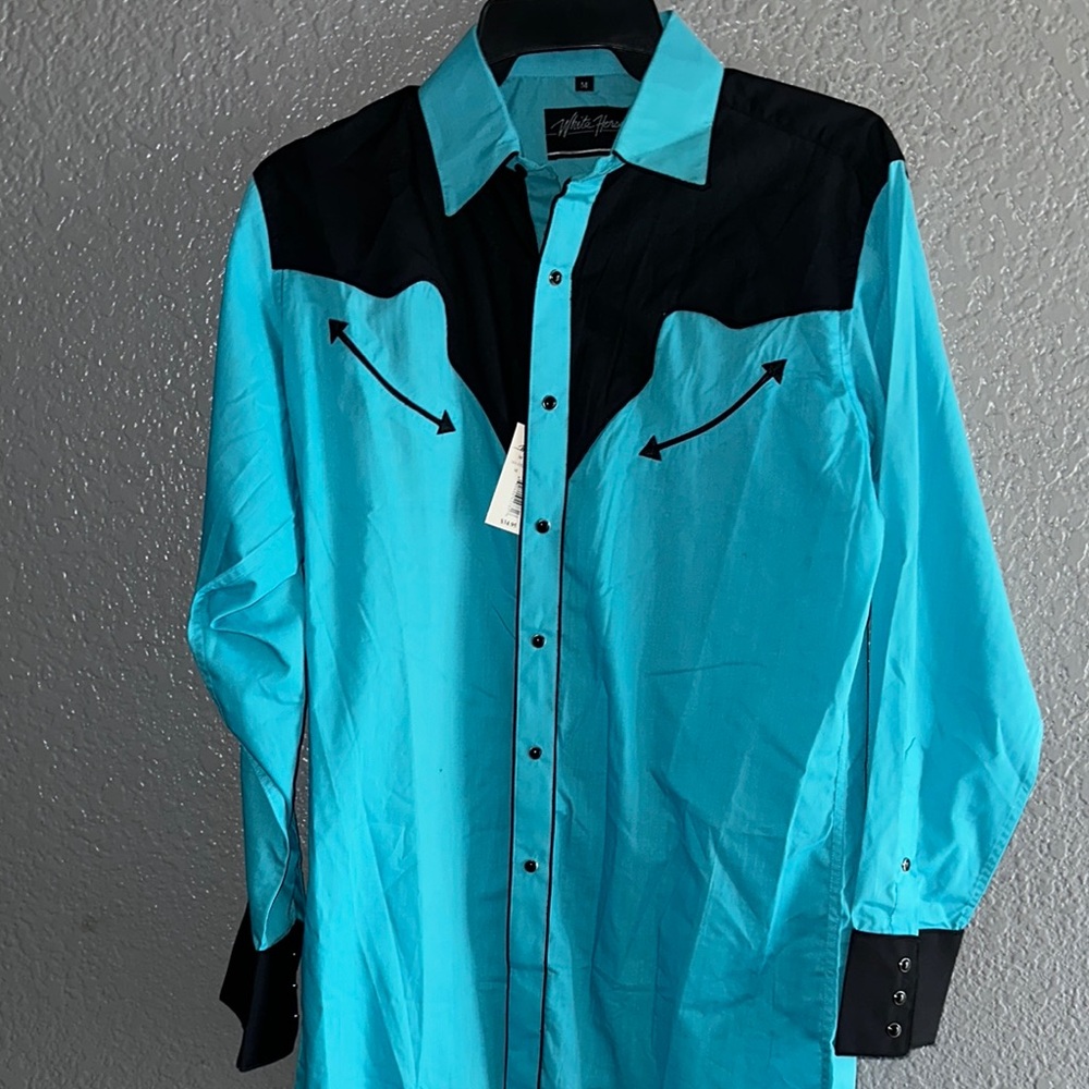 White Horse Western Shirt in Turquoise and Black